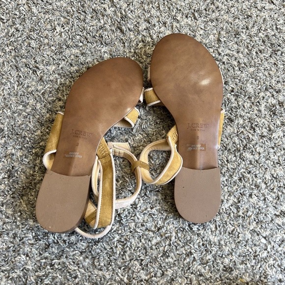 J Crew Size 9 Ankle Strap Sandals Suede Yellow Tan Color Flats Summer Italy New - Picture 6 of 7